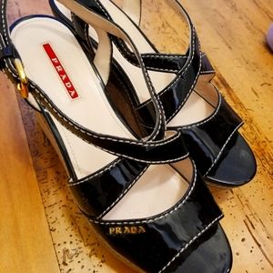 Prada black patent wedge sandals, size 38, excellent condition